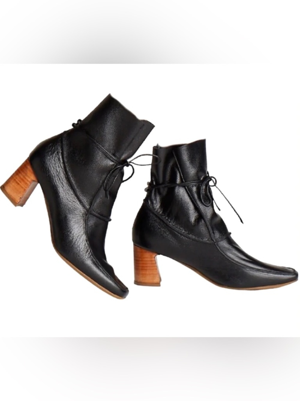Handmade Stivali Black Natural Leather Lace-Up Ankle Boots with Stacked Heel